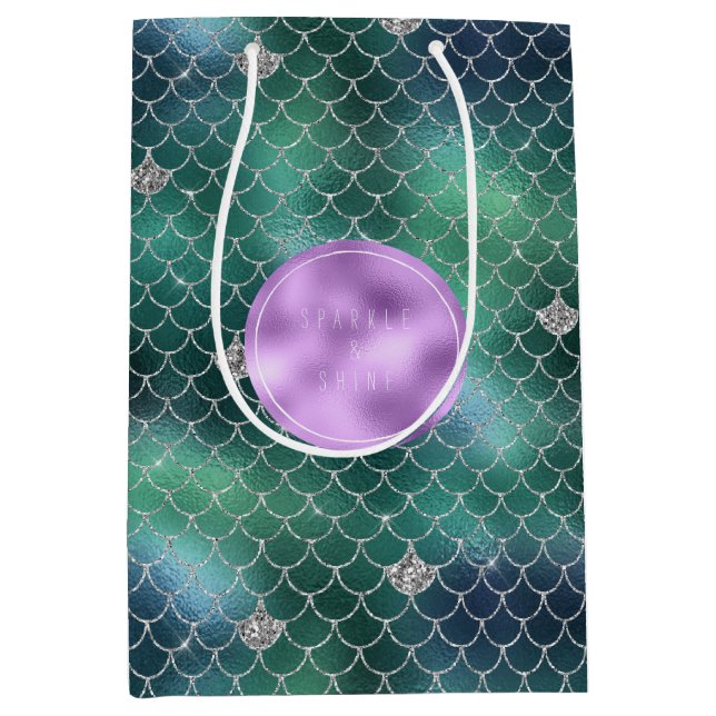 Sacola Para Presentes Média Mermaid Silver Teal Ocean Glitz (Frente)
