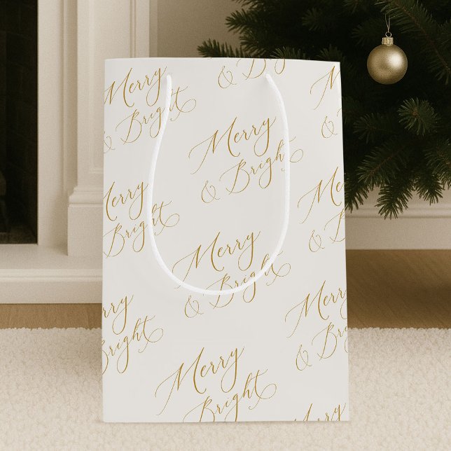 Sacola Para Presentes Média Merry & Bright Gold Script Christmas Gift Bag (Criador carregado)