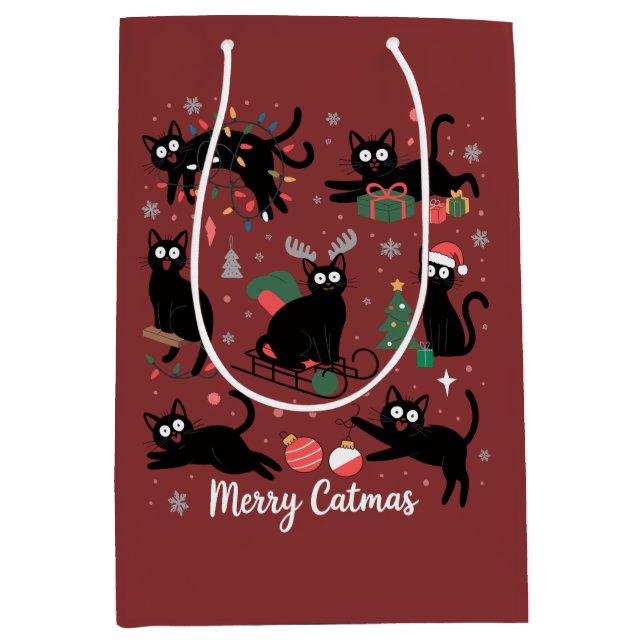 Sacola Para Presentes Média Merry Catmas Funny Christmas Black Cat Lover (Frente)