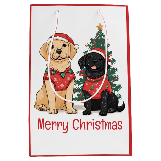 Sacola Para Presentes Média Merry Christmas Labrador Retriever Dogs (Frente)