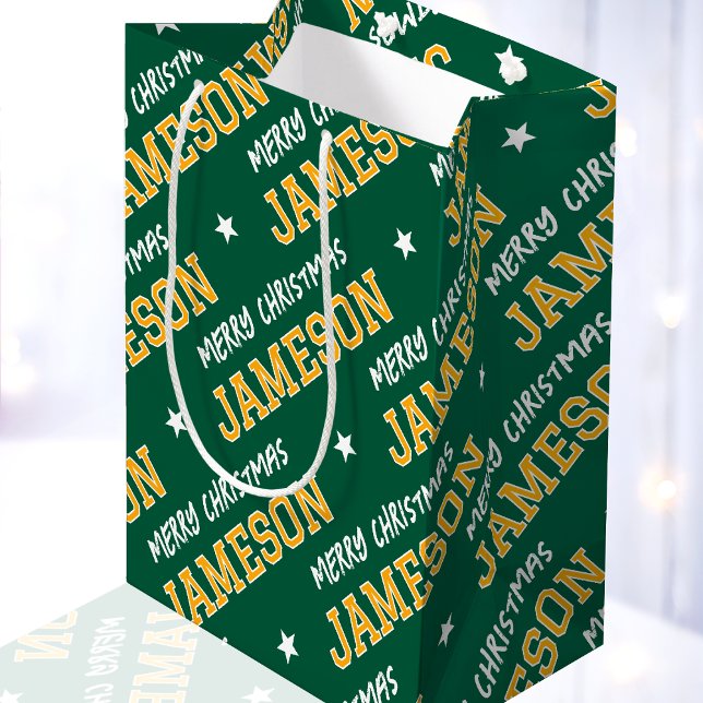 Sacola Para Presentes Média Merry Christmas Name Typografia Green Yellow (Criador carregado)