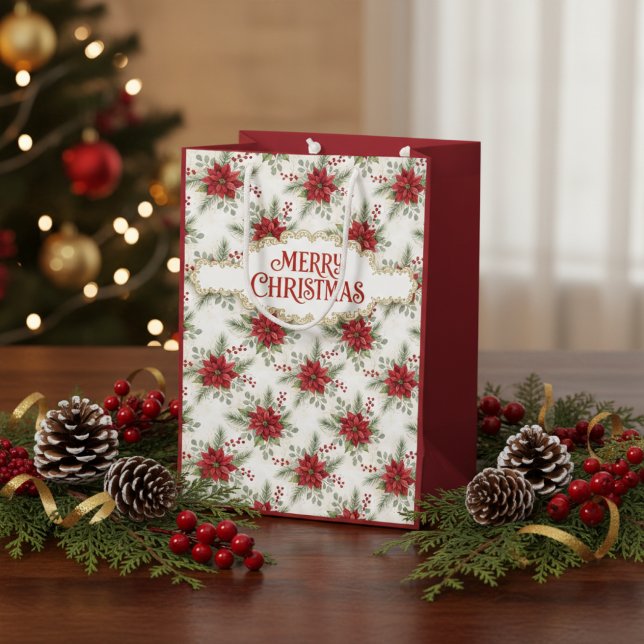 Sacola Para Presentes Média Merry Christmas Poinsettia Floral Holiday Pattern (Merry Christmas Poinsettia Gift Bag - Red Floral Holiday Pattern)