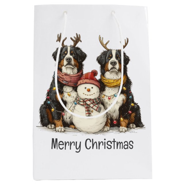 Sacola Para Presentes Média Merry Christmas Reindeer Bernese Mountain Dogs (Frente)