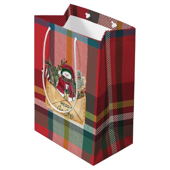 Sacola Para Presentes Média Merry Christmas Rustic Plaid Red and Green (Verso inclinado)