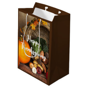 Sacola Para Presentes Média Mesa rustica de Ação de Graças e colheita abundant