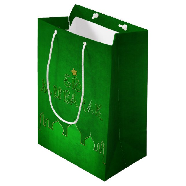 Sacola Para Presentes Média Mesquita Dourada Verde Eid Mubarak (Frente inclinada)