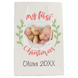 Sacola Para Presentes Média Meu nome de bebê de Natal de 1rua FOTO Wreath Saco