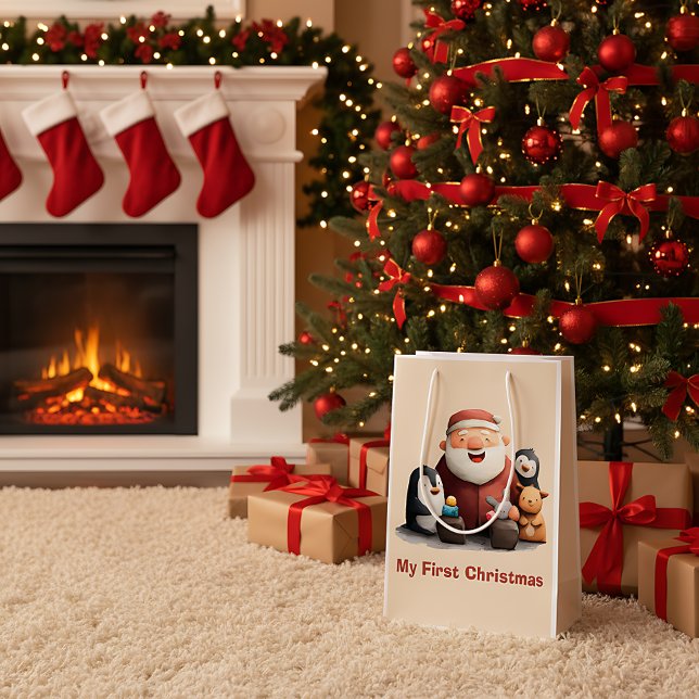 Sacola Para Presentes Média Meu Primeiro Natal Fofinho Papai Noel & Animais (Criador carregado)