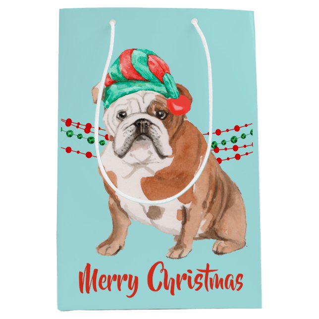 Sacola Para Presentes Média Miçangas de String de Feriado Santa Hat Bulldog (Frente)