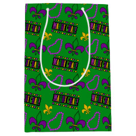 SACOLA PARA PRESENTES MÉDIA MIÇANGAS DOURADAS MARDI GRAS VERDES DE PURPAS PRET