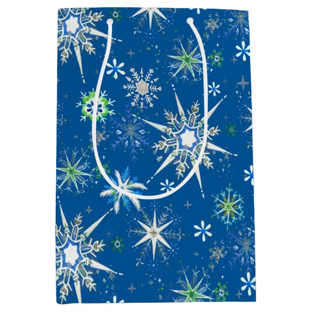 Sacola Para Presentes Média Mid-Century Snowflakes Galore On Blue (Frente)