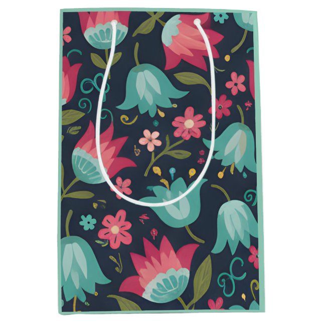 Sacola Para Presentes Média Midnight Garden: Moody Tulip & Teal Blossom (Frente)