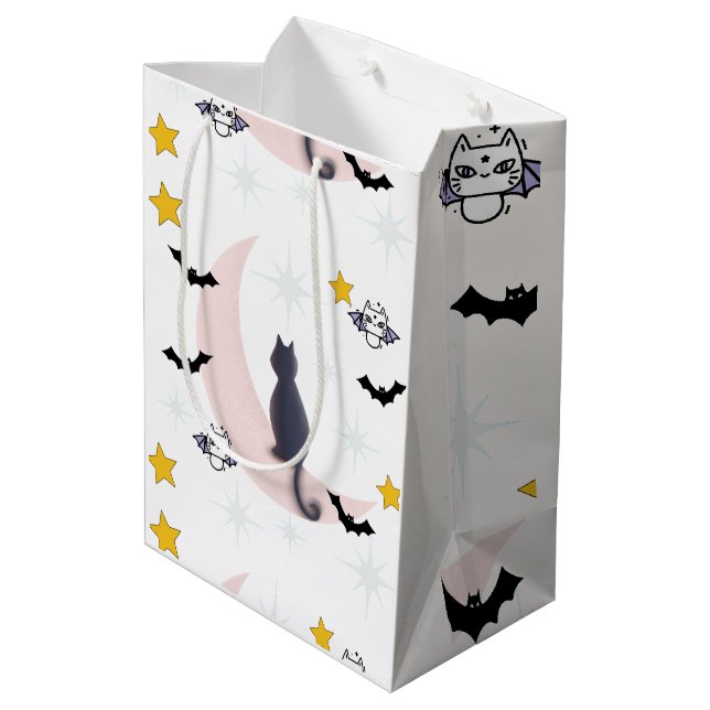 Sacola Para Presentes Média Mikitiez Black cat bat halloween outono lua de inv (Verso inclinado)