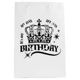 Sacola Para Presentes Média Minimal Black Crown Birthday Typography White