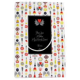 Sacola Para Presentes Média Minimalista de Corações e Flores Vermelho e Negro