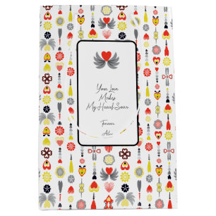 Sacola Para Presentes Média Minimalista de Corações e Flores Vermelho e Negro