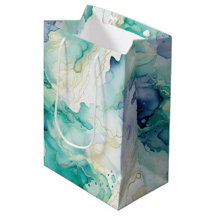 Sacola Para Presentes Média Mint Aqua Blue Ink Marble