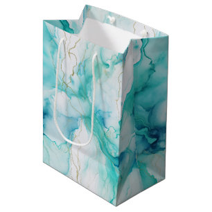 Sacola Para Presentes Média Mint Aqua Dourada Ink Marble