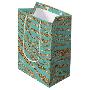 Sacola Para Presentes Média Mint Dourado Faux Glitter Zebra