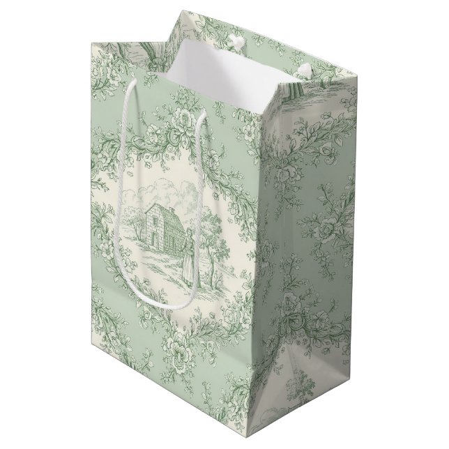 Sacola Para Presentes Média Mint Green French Country Floral Toile - Farmhouse (Frente inclinada)