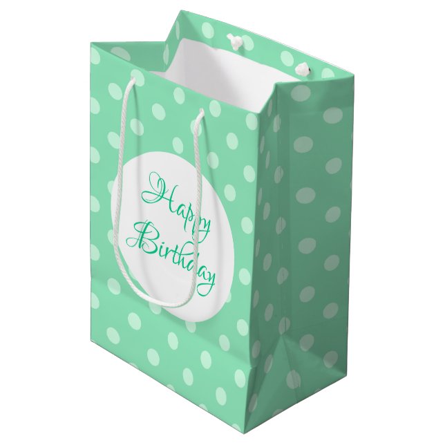 Sacola Para Presentes Média Mint Green Rustic Modelo Happy Birthday Dots (Frente inclinada)