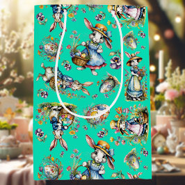 Sacola Para Presentes Média Mint Green Vintage Watercolor Páscoa Bunny Floral