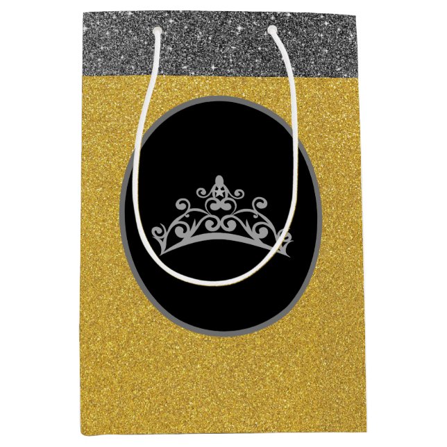Sacola Para Presentes Média Miss Pageant Crown Dourado FX GlitterGift Bag (Frente)