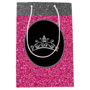 Sacola Para Presentes Média Miss Pageant Tiara Crown Pink FX GlitterGift Bag