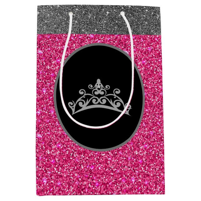 Sacola Para Presentes Média Miss Pageant Tiara Crown Pink FX GlitterGift Bag (Frente)