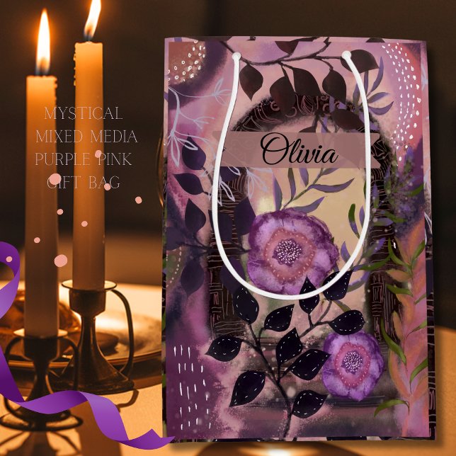 Sacola Para Presentes Média Mística Mística Mídia Mídia Floral Arqueiro Púrpur (Mystical Mixed Media Floral Archway Purple Pink Medium Gift Bag)