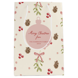 Sacola Para Presentes Média Mistletoe Pine Cone Berry Pattern