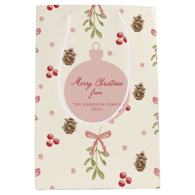 Sacola Para Presentes Média Mistletoe Pine Cone Berry Pattern (Frente)