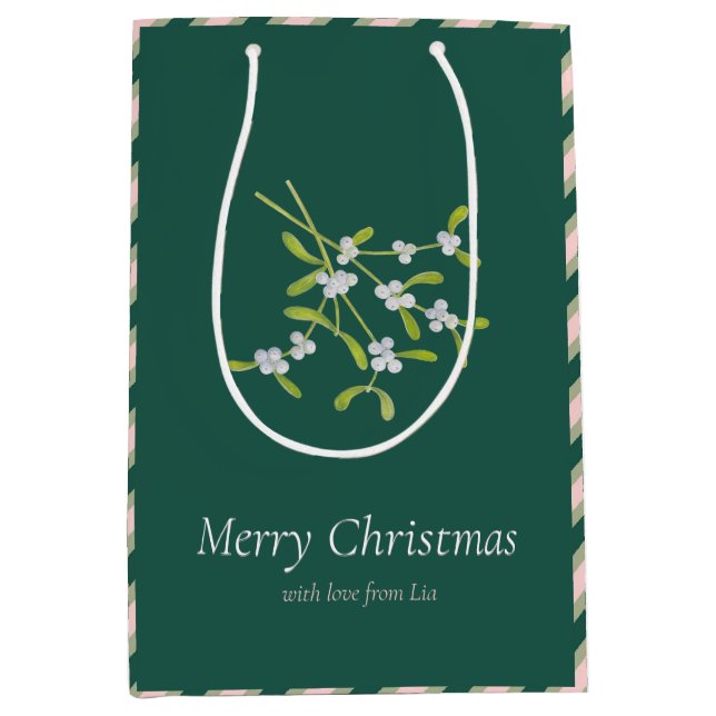 Sacola Para Presentes Média Mistletoe Stripes Rosa Darkgreen Bag (Frente)