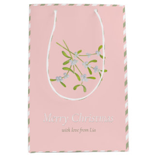 Sacola Para Presentes Média Mistletoe Stripes Rosa Verde Bag Gift