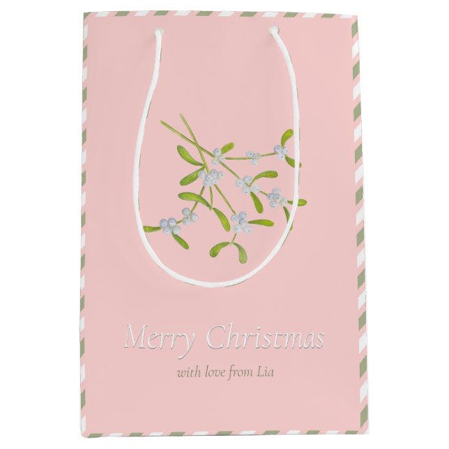 Sacola Para Presentes Média Mistletoe Stripes Rosa Verde Bag Gift (Frente)