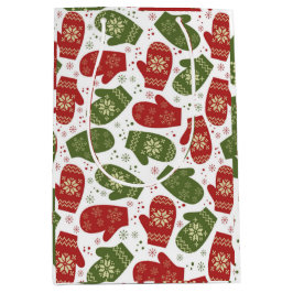 Sacola Para Presentes Média Mittens Vermelhos e Verdes com Flocos de Neve Nata