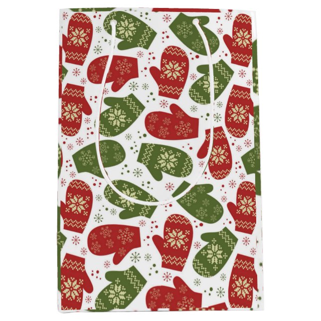 Sacola Para Presentes Média Mittens Vermelhos e Verdes com Flocos de Neve Nata (Frente)