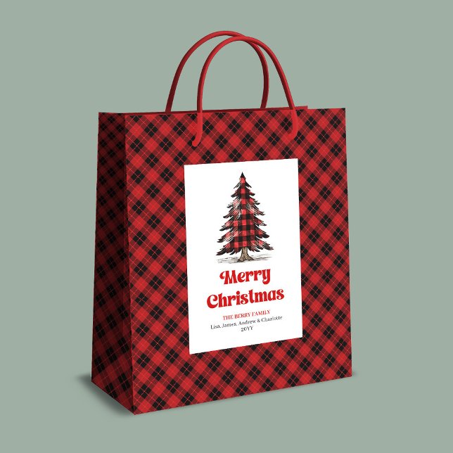 Sacola Para Presentes Média Modern buffalo gift bag custom name Christmas tree (Buffalo Christmas tree gift bag,
Red black plaid tartan Christmas,
Personalized watercolor Christmas)