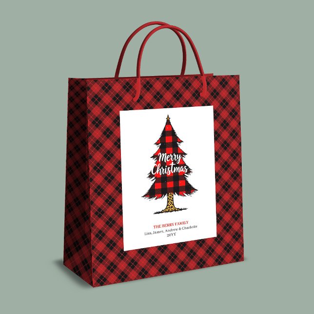 Sacola Para Presentes Média Modern buffalo plaid Christmas gift bag editable (Modern buffalo plaid Christmas gift bag editable)