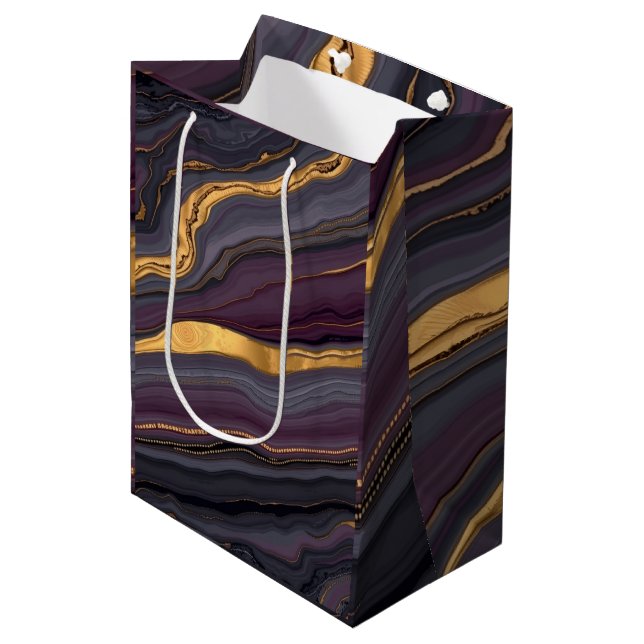 Sacola Para Presentes Média Modern Plum Metallic Agate Marble Abstract Art (Frente inclinada)