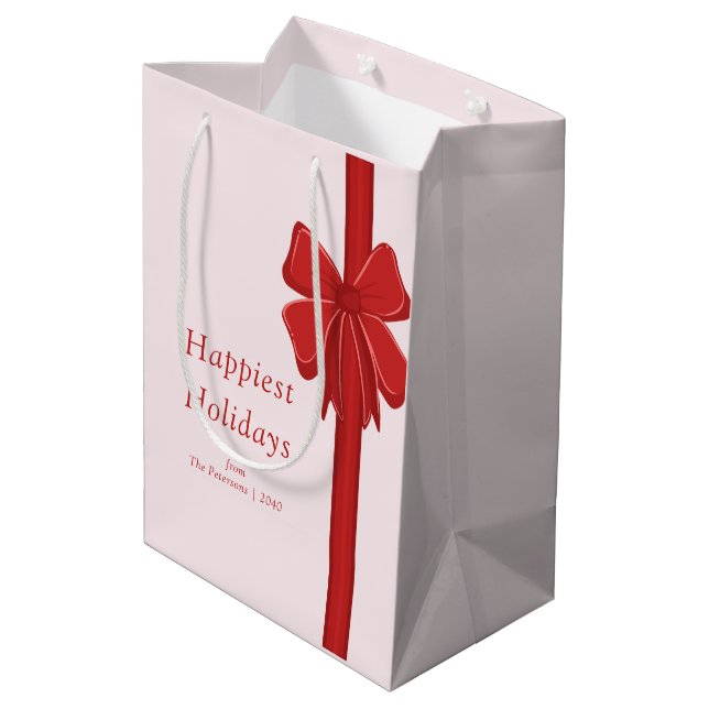 Sacola Para Presentes Média Modern Red Ribbon Bow Wrapped Christmas (Verso inclinado)
