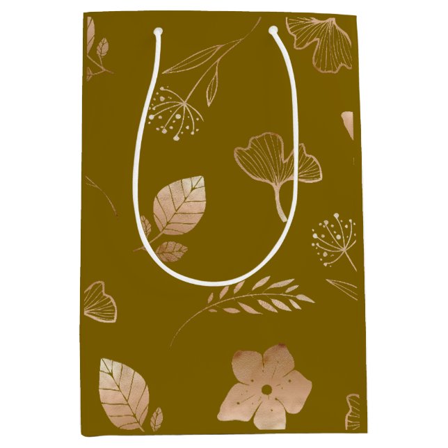 Sacola Para Presentes Média Modern rose gold flowers and leaves (Frente)