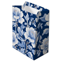 Sacola Para Presentes Média Modern Trendy Blue chinoiserie Festa de flor branc
