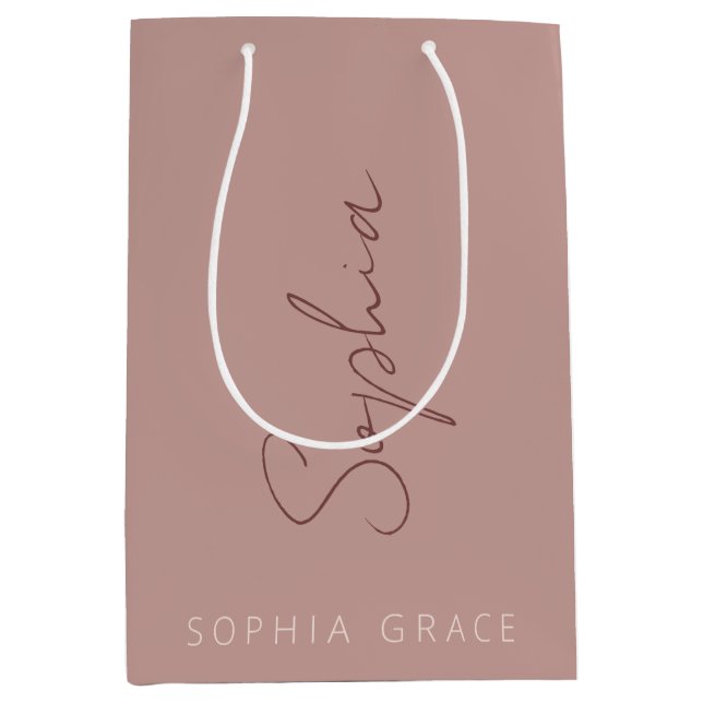 Sacola Para Presentes Média Moderno Monograma Escrito à Mão em Rosa Po dusty  (Frente)