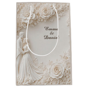Sacola Para Presentes Média 🤍 Moldura de Silhueta de Casamento Floral Marfim�