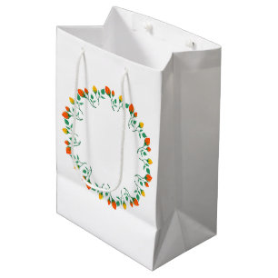 Sacola Para Presentes Média Moldura redonda floral com flor amarela e rosa ver