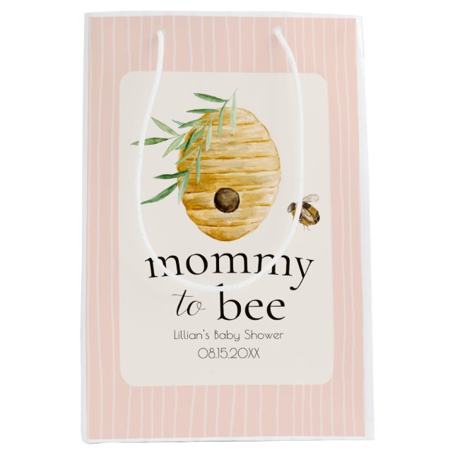 Sacola Para Presentes Média Mommy To Bee Bumblebee Blush Pink Baby Shower  (Frente)