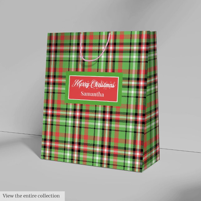 Sacola Para Presentes Média Monogram Christmas Gift Bag Red Green Plaid Design (Monogram Christmas Gift Bag Red Green Plaid Design)
