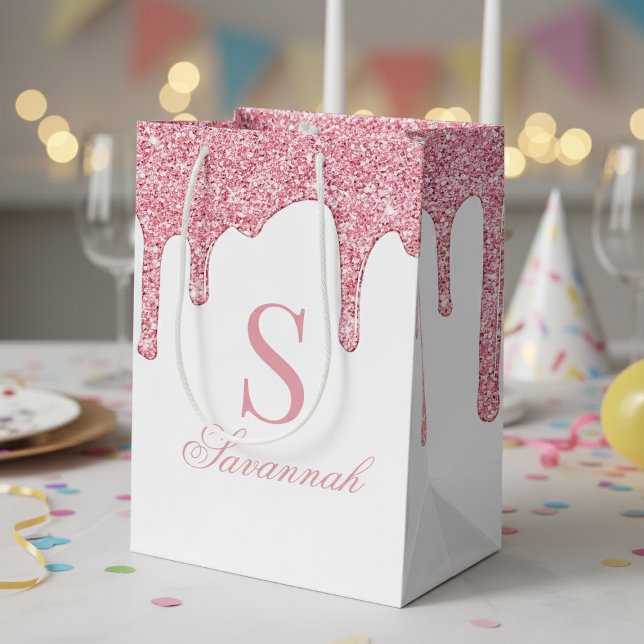 Sacola Para Presentes Média Monograma das Unidades Brilhantes Brancas e Rosa (White and Pink Glitter Drips Sparkle Monogram Medium Gift Bag)