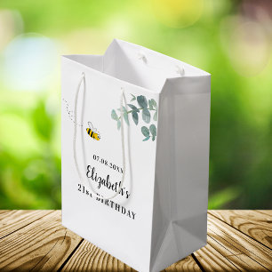 Sacola Para Presentes Média Monograma de abelha bonitinha de aniversário eucal